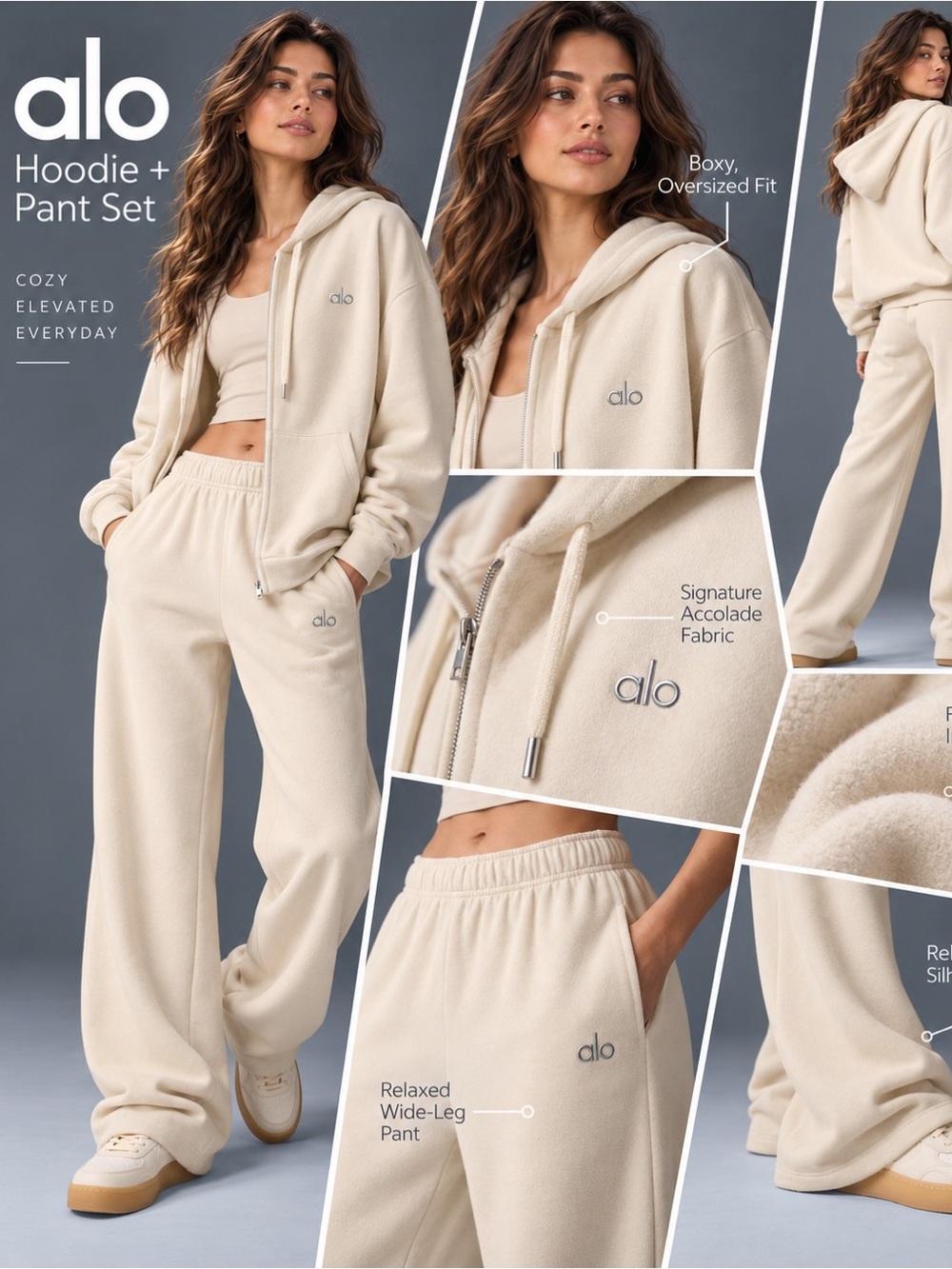NEW Alo Yoga Accolade Hoodie & Straight Leg Sweatpant Set Oat Milk S